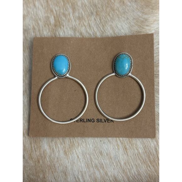 Huge Native American Sterling Silver Blue Kingman Turquoise Hoop Post Earrings - Picture 14 of 16